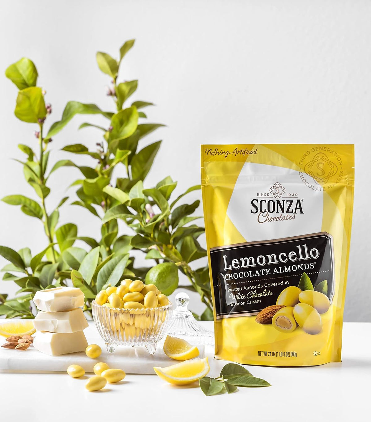 Sconza Lemoncello almonds large pouch closeup white chocolate coating