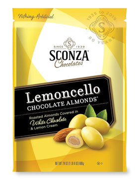 Sconza Lemoncello almonds large pouch front view for easy snacking
