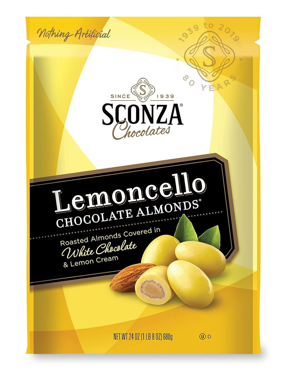 Sconza Lemoncello almonds large pouch front view for easy snacking