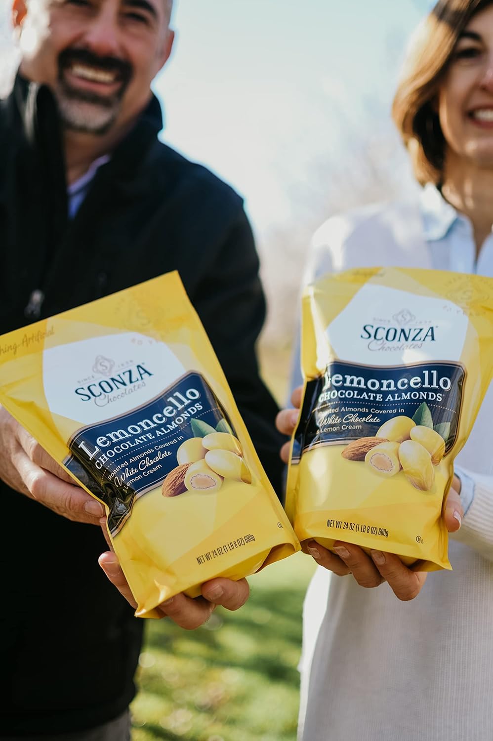 Sconza Lemoncello almonds large pouch lemon crème note closeup during tasting