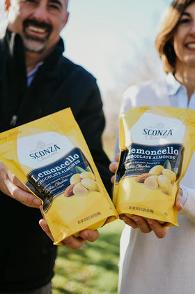 Sconza Lemoncello almonds large pouch lemon crème note closeup during tasting