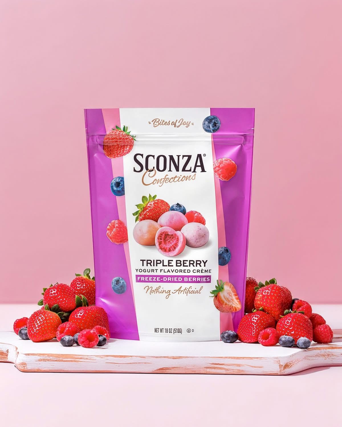 Sconza Triple Berry freeze-dried berries with yogurt crème coating for a tangy-sweet, shareable snack