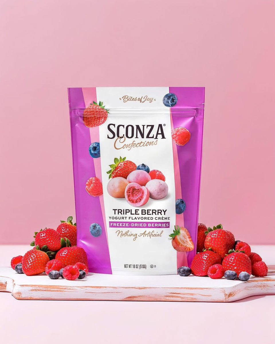 Sconza Triple Berry freeze-dried berries with yogurt crème coating for a tangy-sweet, shareable snack