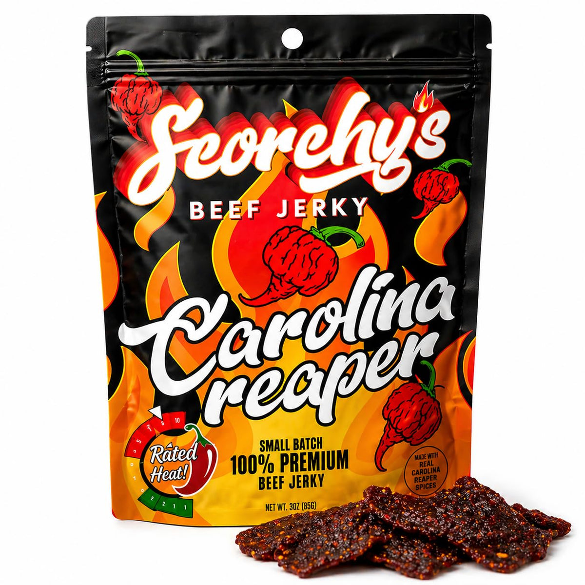 Scorchy's Jerky Carolina Reaper packaging highlights extreme heat for bold snack options.