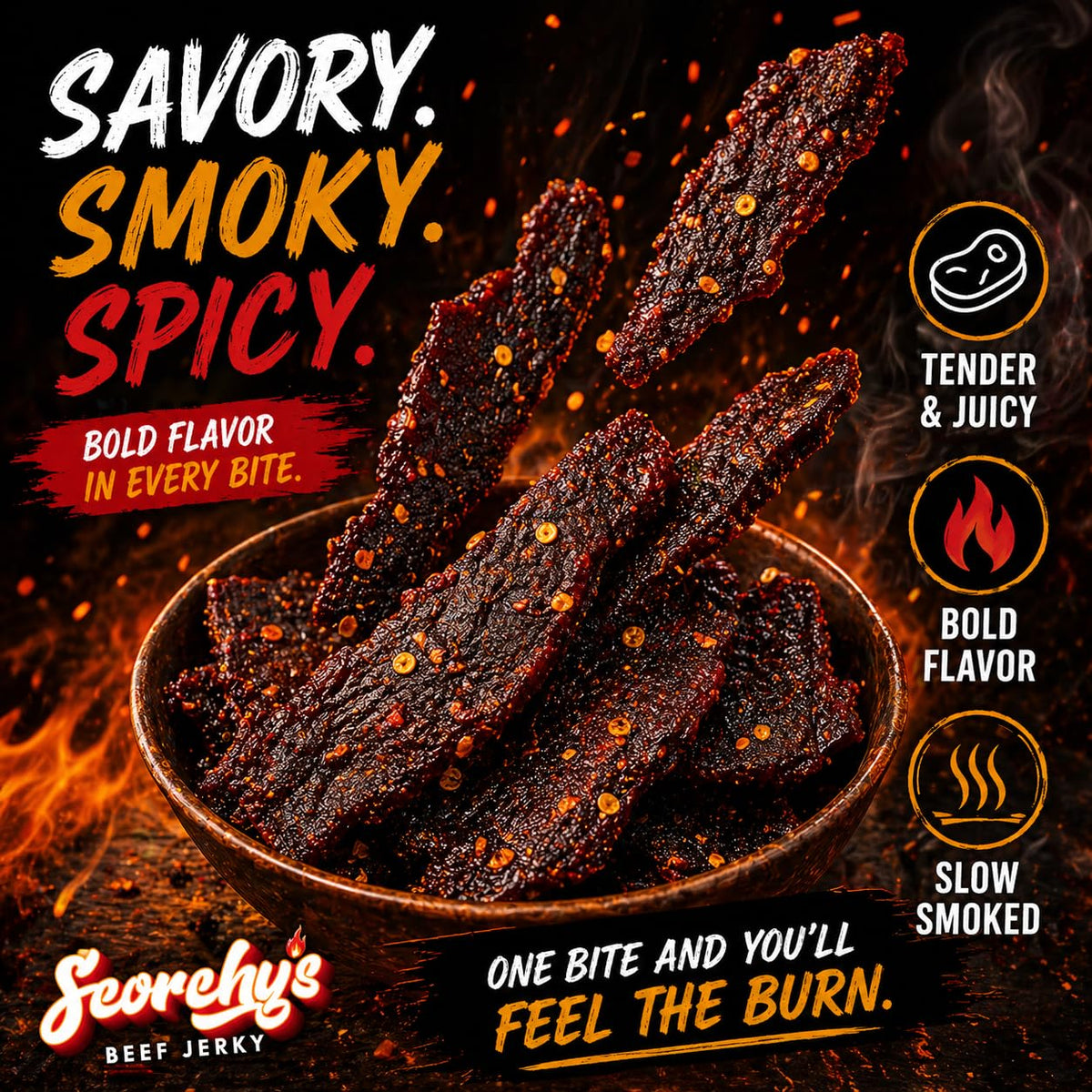 Gym bag-ready snack for Scorchy's Jerky during workouts and hikes.