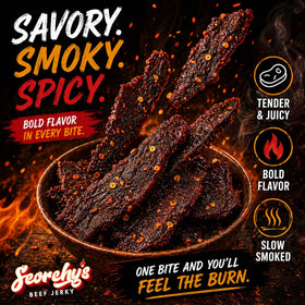 Gym bag-ready snack for Scorchy's Jerky during workouts and hikes.
