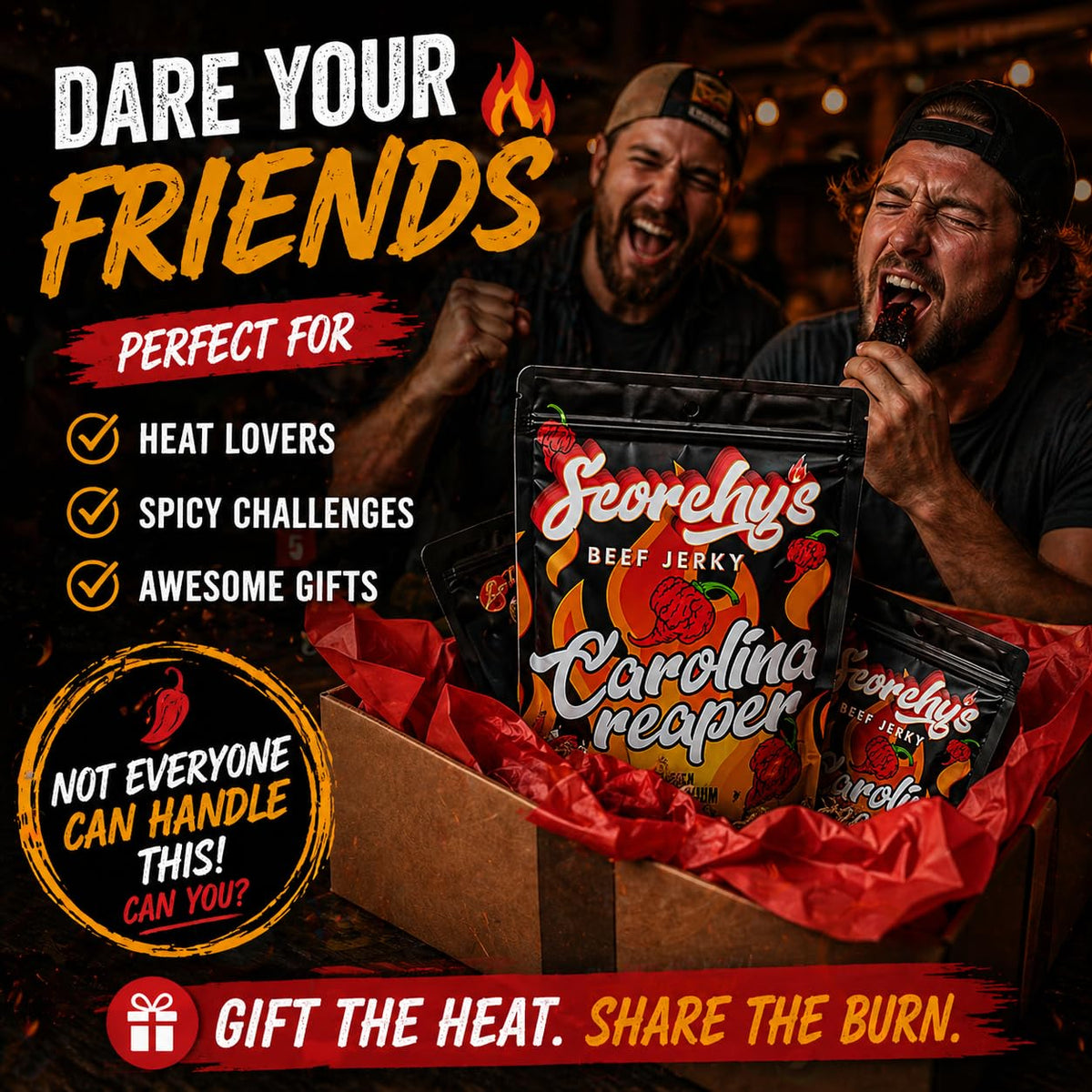 Carolina Reaper heat warning image signals intense flavor from Scorchy's Jerky.
