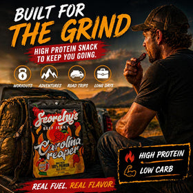 High-protein, low-carb profile shown for Scorchy's Jerky in action.