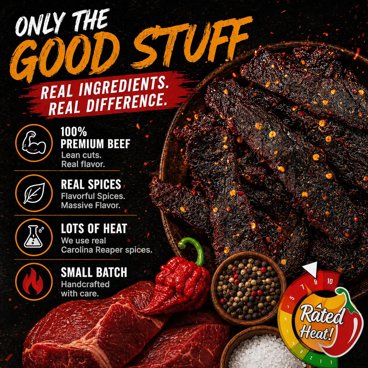 Slow-smoked technique gives a bold, tender texture in Scorchy's Jerky.