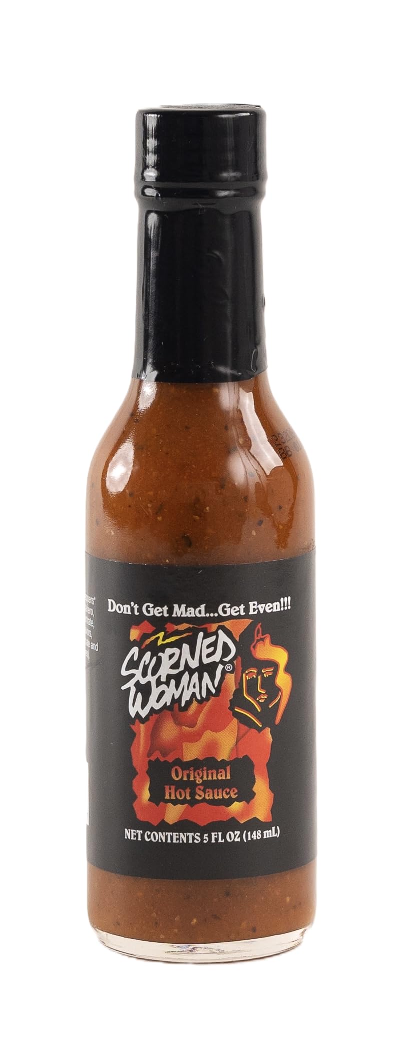 Scorned Woman hot sauce 5oz bottle front view adds bold flavor to meals.