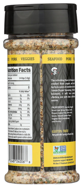 SCOTTS FOOD PRODUCTS Lemon Pepper label close-up featuring natural ingredients