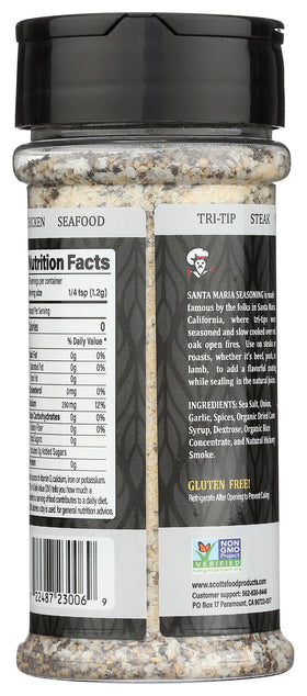 SCOTTS Santa Maria Style Seasoning label close-up shows bold branding and premium spice blend