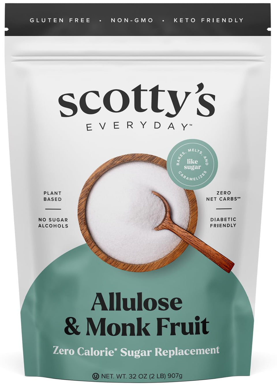 Scotty's Everyday allulose and monk fruit bag; zero-calorie sugar replacement ideal for baking.