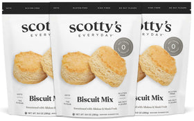 Scotty's Everyday keto biscuit mix packaging highlights 0g net carbs per serving.