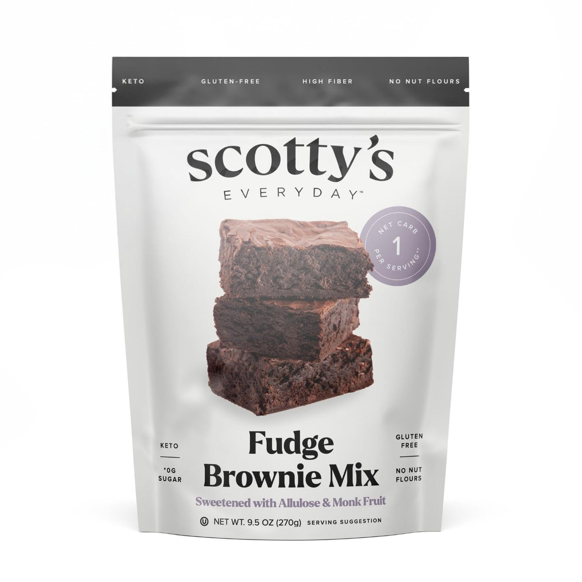 Scotty's Everyday Keto Fudge Brownie Mix packaging showcases gluten-free, low-carb promise.