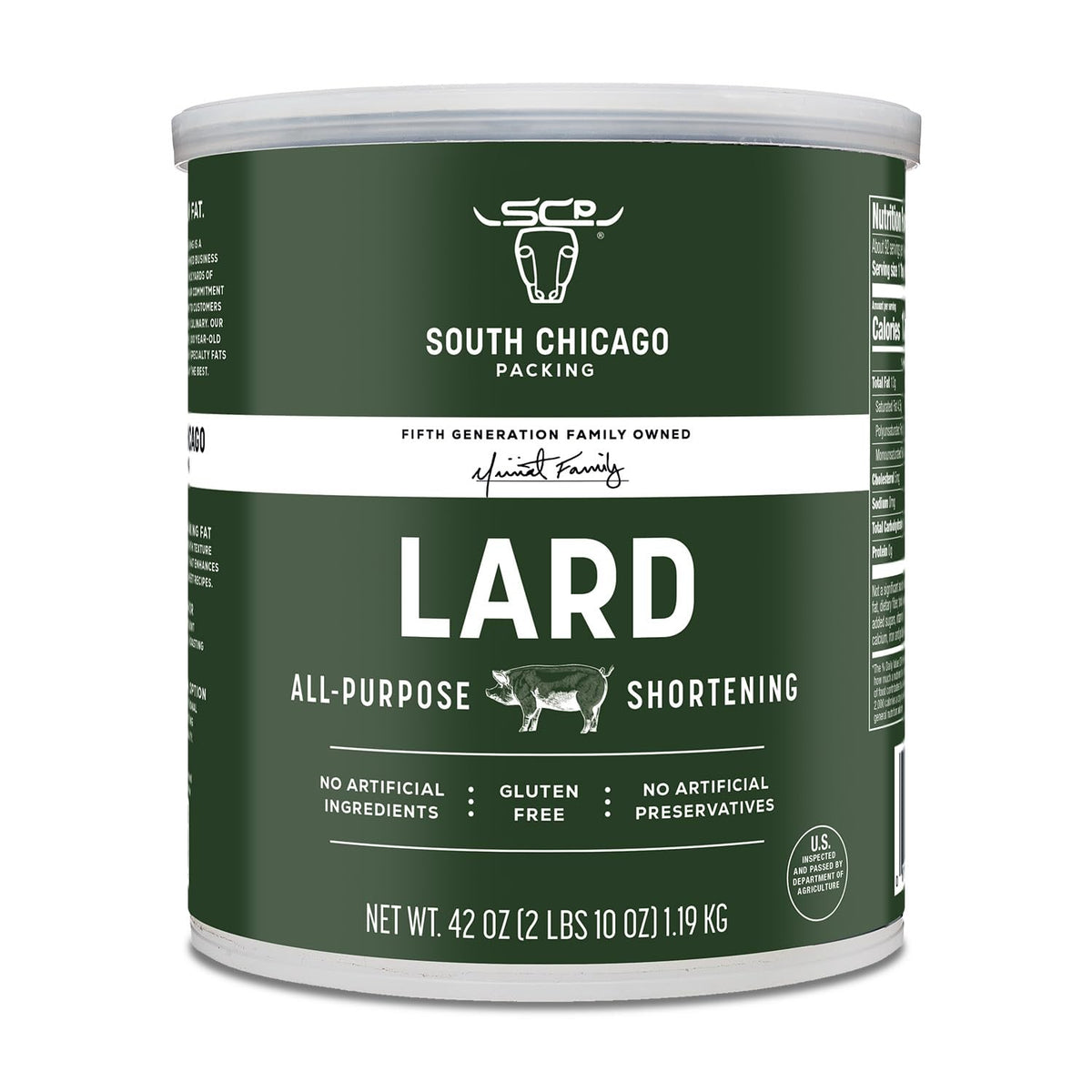SCP South Chicago Packing lard shortening can front view, versatile baking and frying fat.