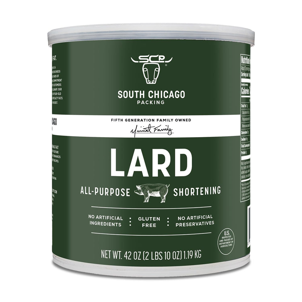 SCP South Chicago Packing lard shortening can front view, versatile baking and frying fat.