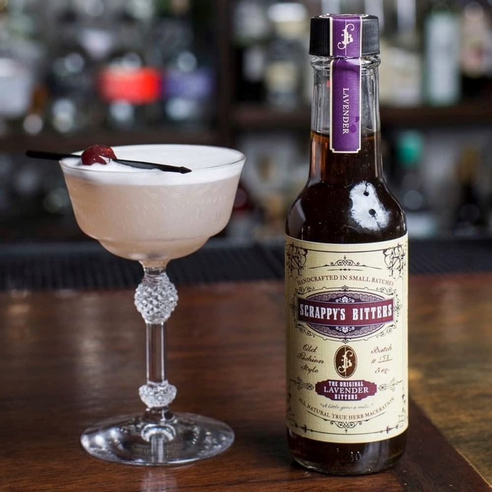 Scrappy's Lavender bottle close-up emphasizes small-batch craftsmanship and natural hues.