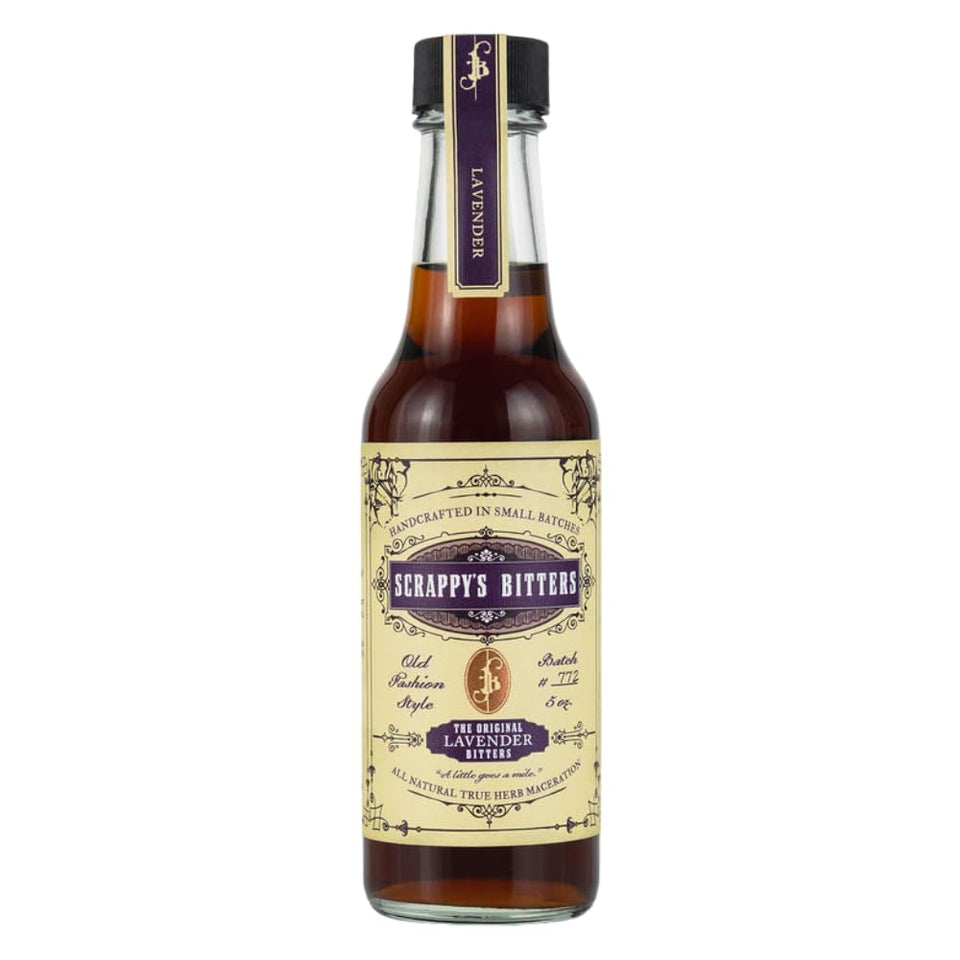 Scrappy's Lavender bitters bottle close-up showing organic ingredients for premium cocktails.