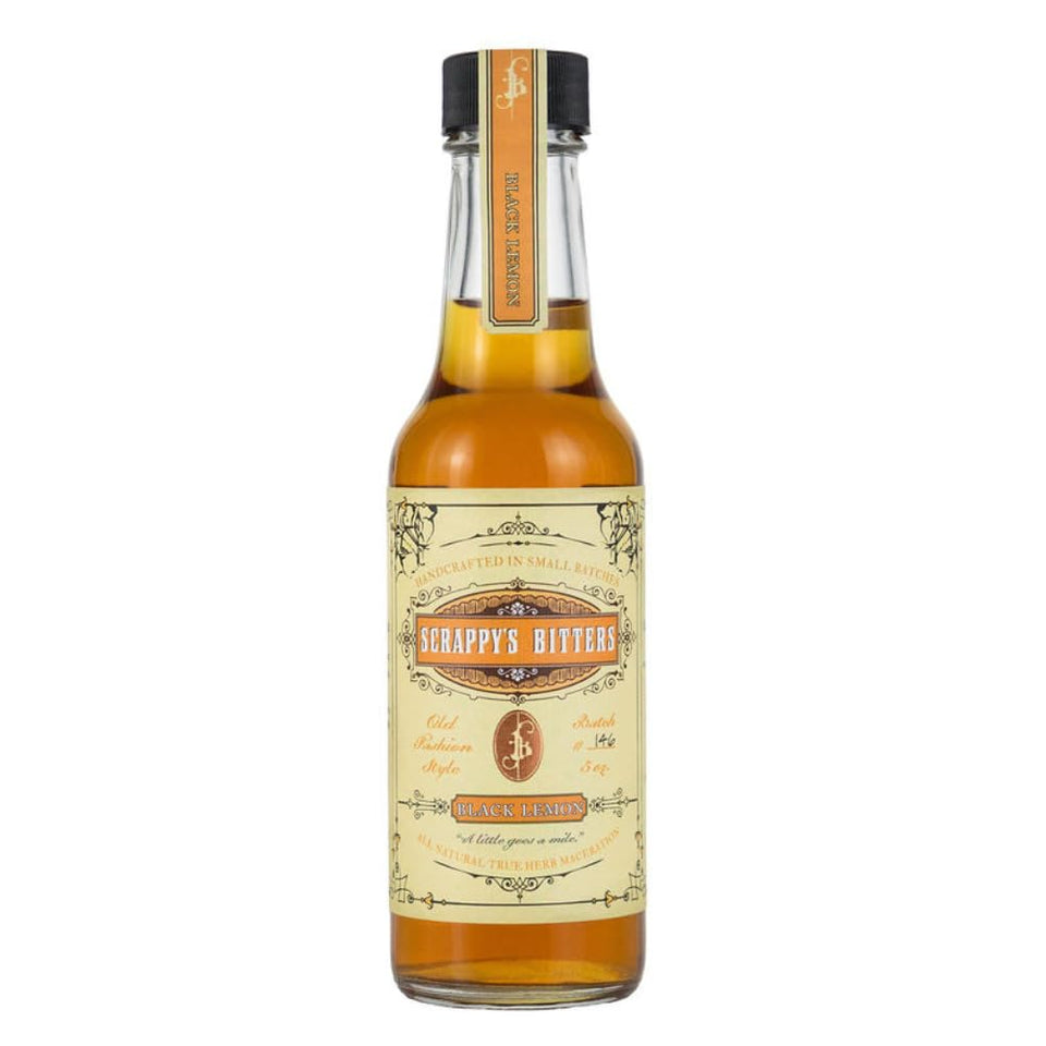 Scrappy's Black Lemon bottle pouring to enhance cocktails with smoky citrus notes.