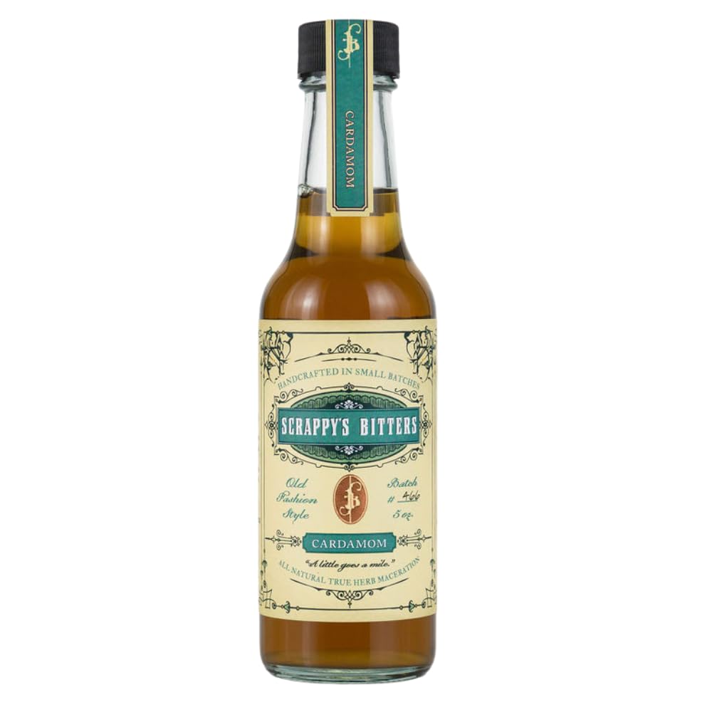Scrappy's Cardamom Bitters bottle label highlights organic ingredients for refined cocktails.