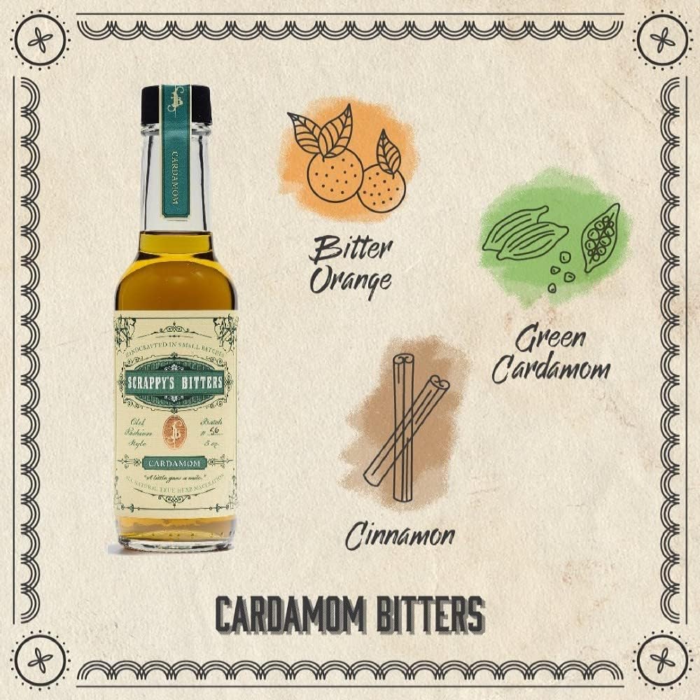 Scrappy's Cardamom Bitters citrus zest detail suggests versatile use in cocktails and mocktails.