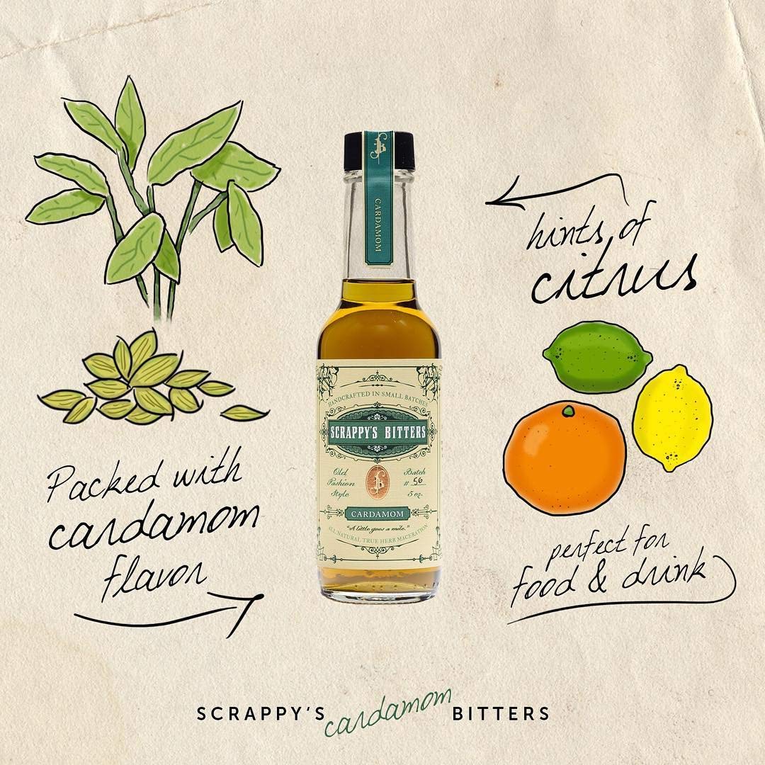 Scrappy's Cardamom Bitters ingredients hand reveals fresh citrus zest and herb-forward balance.