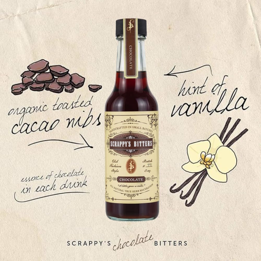 Scrappy's Chocolate Bitters bottle label signals craft and premium ingredients.
