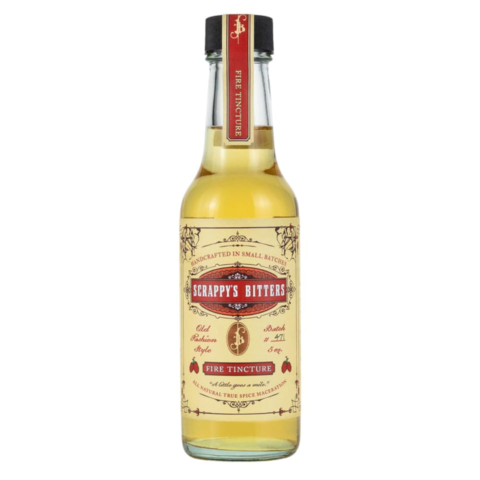 Scrappy's Fire Tincture bottle close-up highlights bold heat for cocktails.