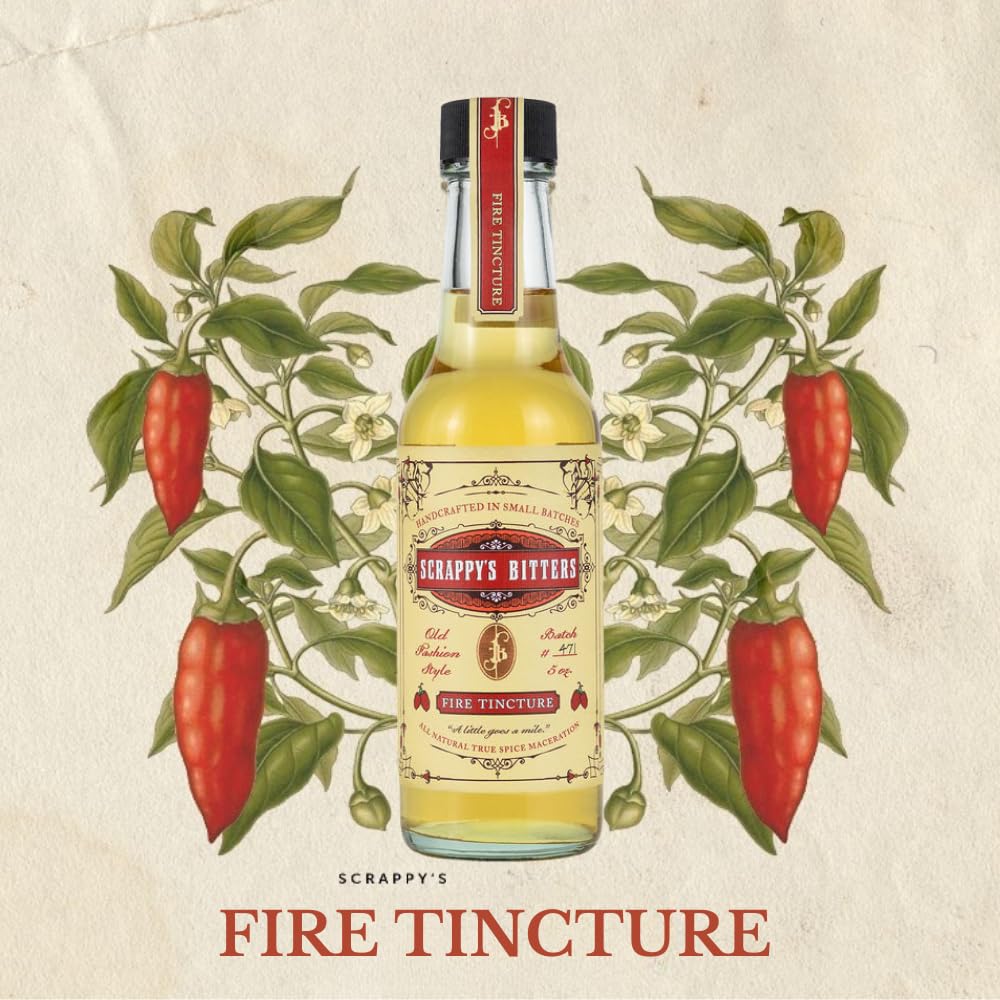Scrappy's Fire Tincture glass hero emphasizes premium packaging and 5 oz size