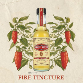 Scrappy's Fire Tincture glass hero emphasizes premium packaging and 5 oz size