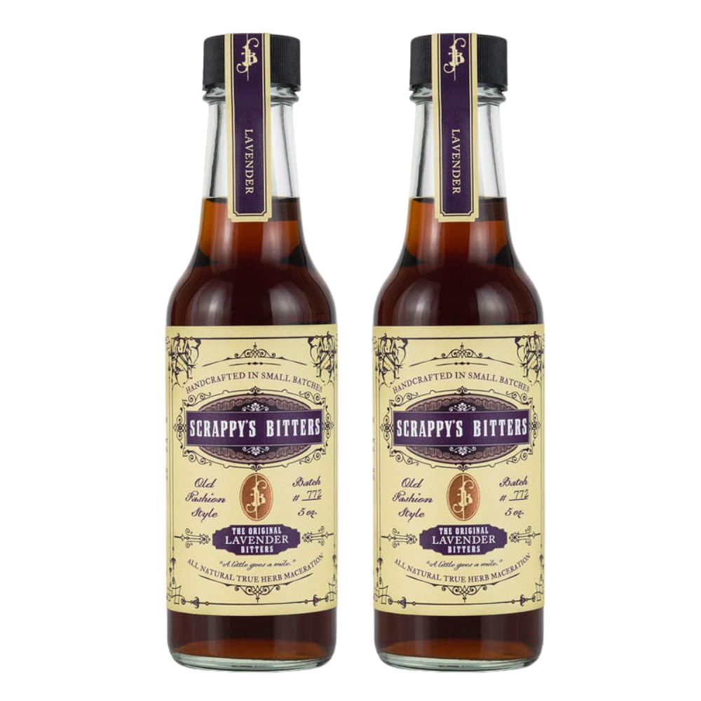 Scrappy's Lavender Bitters bottle pour for cocktails.