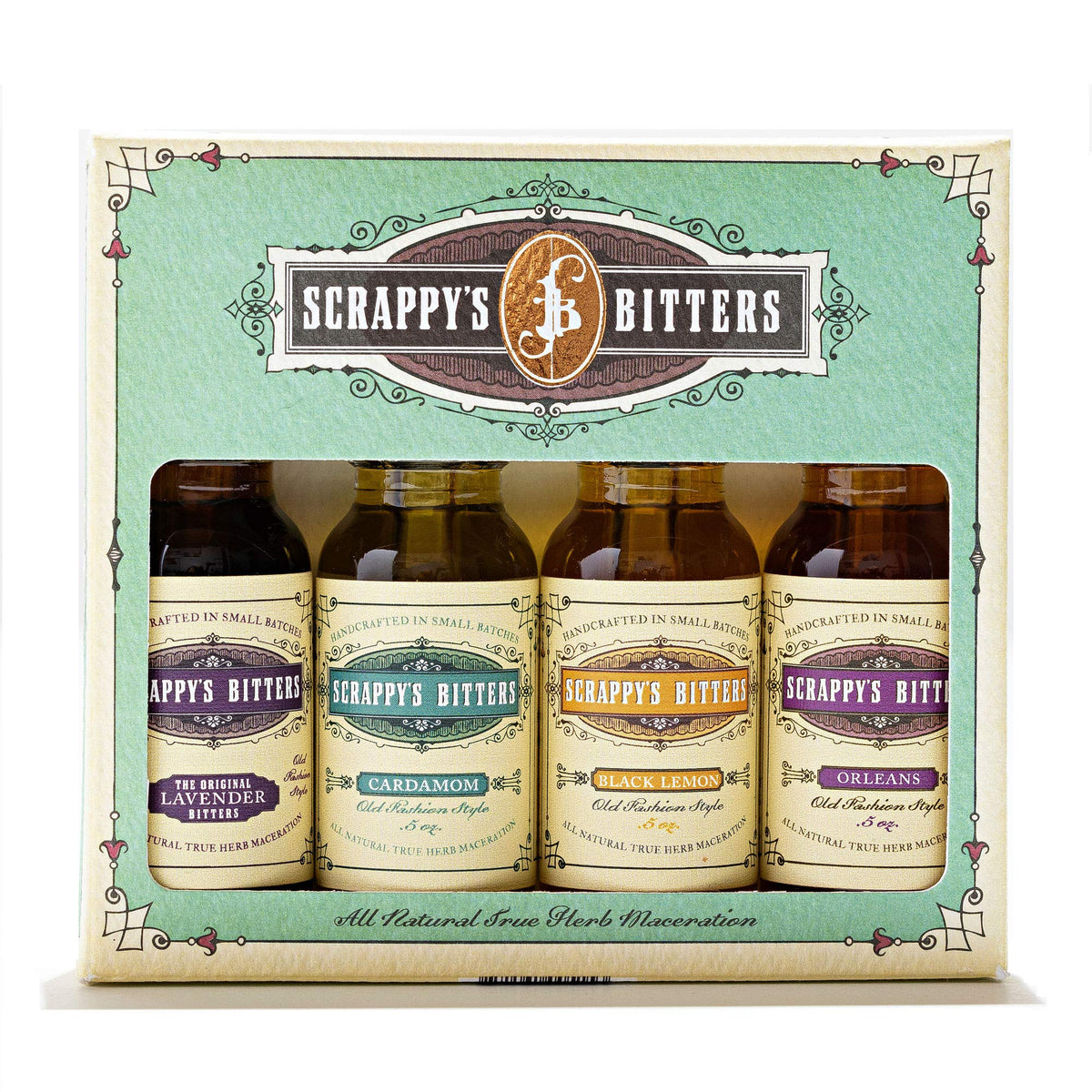 Scrappy's New Classics gift set box close-up, ideal for gifting to a home bartender