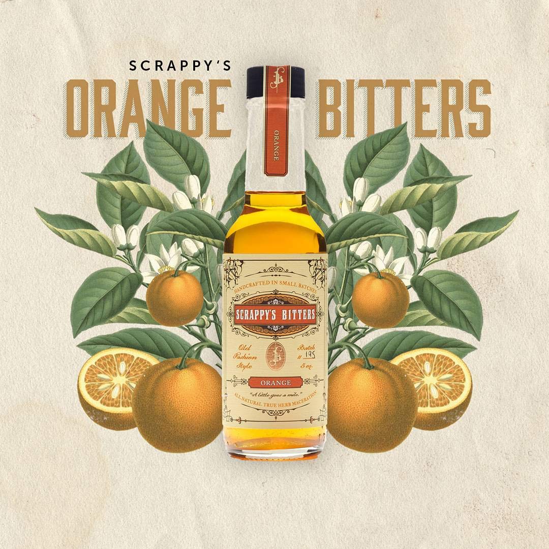Packaging display showing Scrappy's Orange Bitters branding and bottle design.