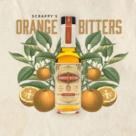 Packaging display showing Scrappy's Orange Bitters branding and bottle design.