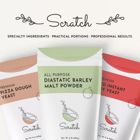 Scratch diastatic malt powder kitchen scene emphasizes premium baking ingredient
