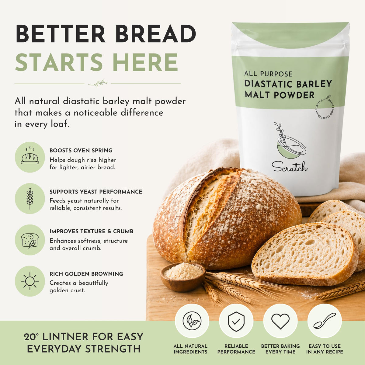 Scratch diastatic malt powder packaging features clear usage guidance for home bakers