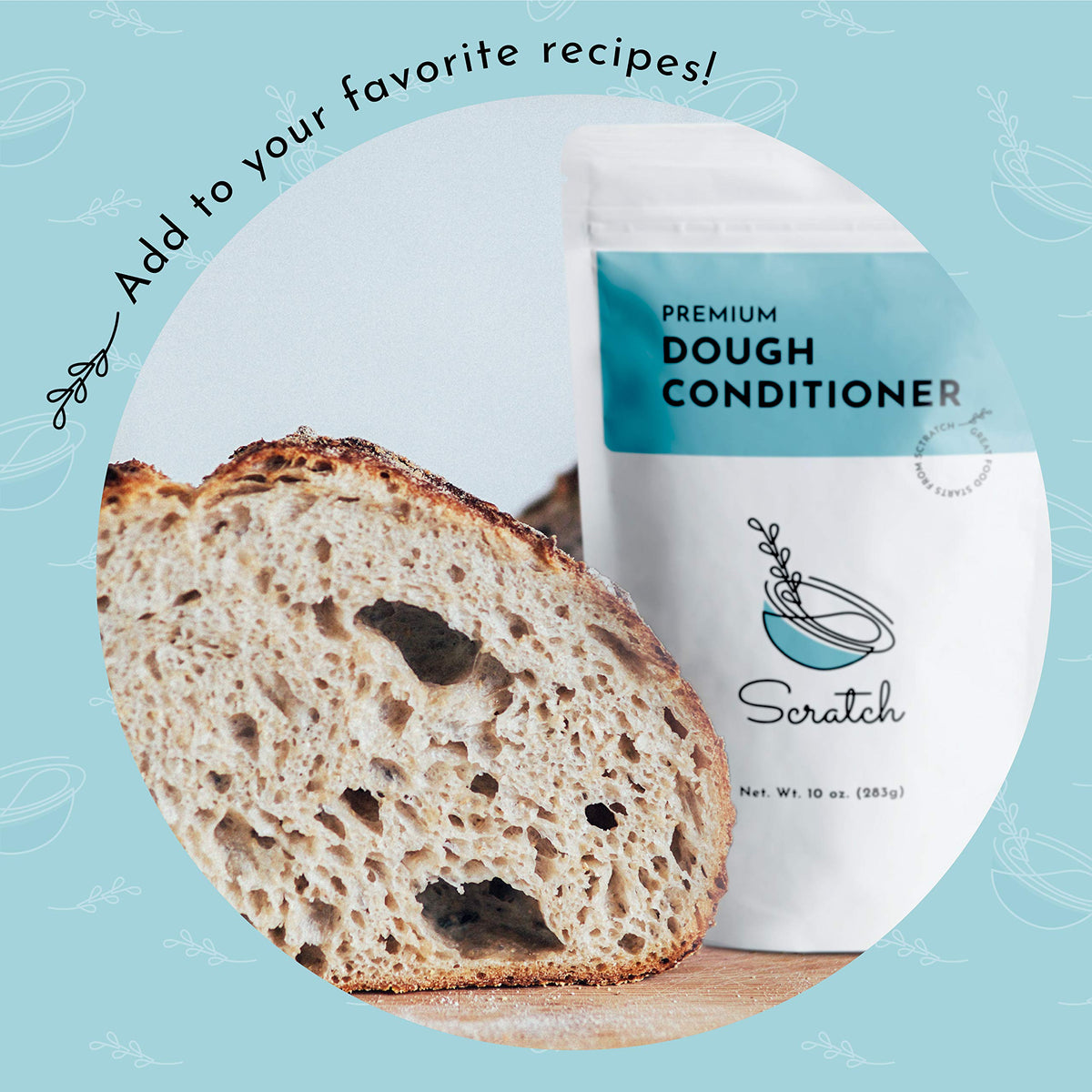 Mixing Scratch Premium Dough Conditioner into dough in a large bowl for even results.