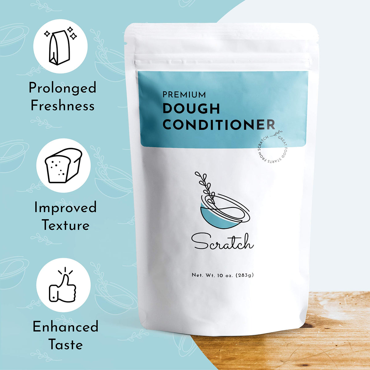 Scratch Premium Dough Conditioner packaging label highlights all-flour use and simple dosing.