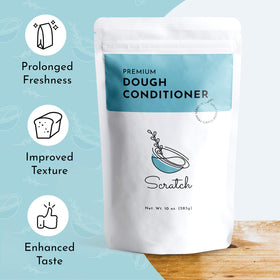 Scratch Premium Dough Conditioner packaging label highlights all-flour use and simple dosing.