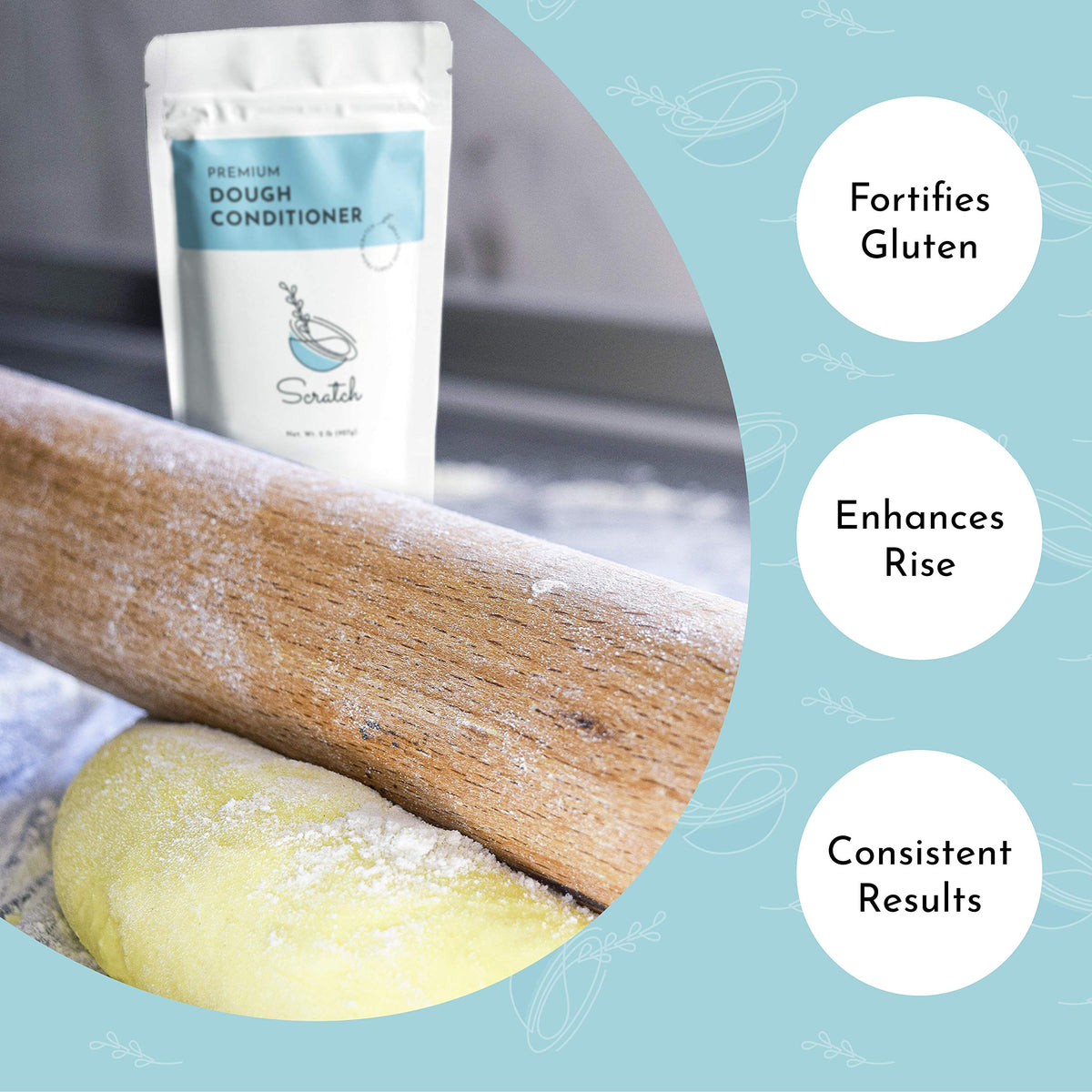 Measurement of 1 teaspoon of Scratch Premium Dough Conditioner per cup of flour.