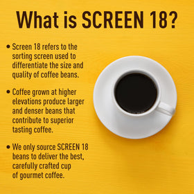 Screen 18 Kenya AA beans packaging highlights freshness seal.