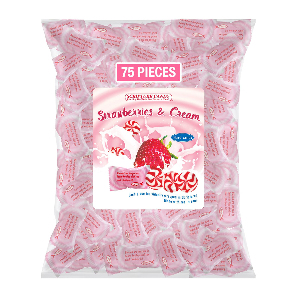 Scripture Candy strawberries and cream hard candy bag, ideal party favorite for celebrations.