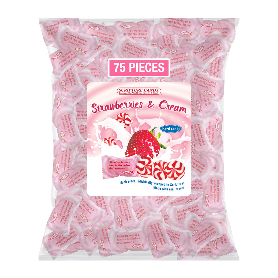 Scripture Candy strawberries and cream hard candy bag, ideal party favorite for celebrations.