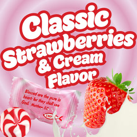 Close-up of Scripture Candy strawberries and cream candies showing texture and shine.
