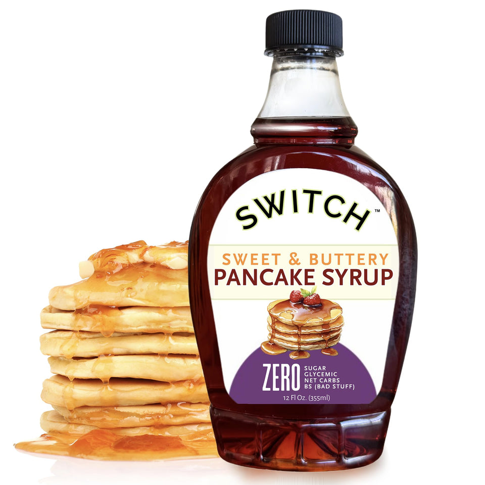 Scrummy Pancake Syrup bottle with zero sugar and keto-friendly labeling