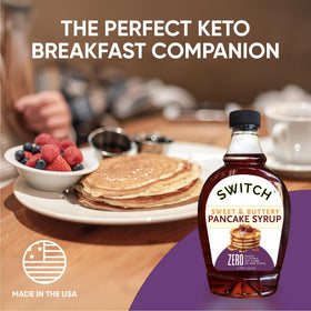 Scrummy Pancake Syrup label close-up featuring allulose and organic flavors
