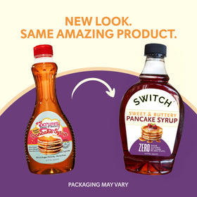 Scrummy Pancake Syrup being poured over pancakes showing zero net carbs
