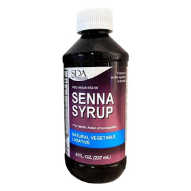 SDA Laboratories Senna Lax Syrup bottle for gentle overnight relief.