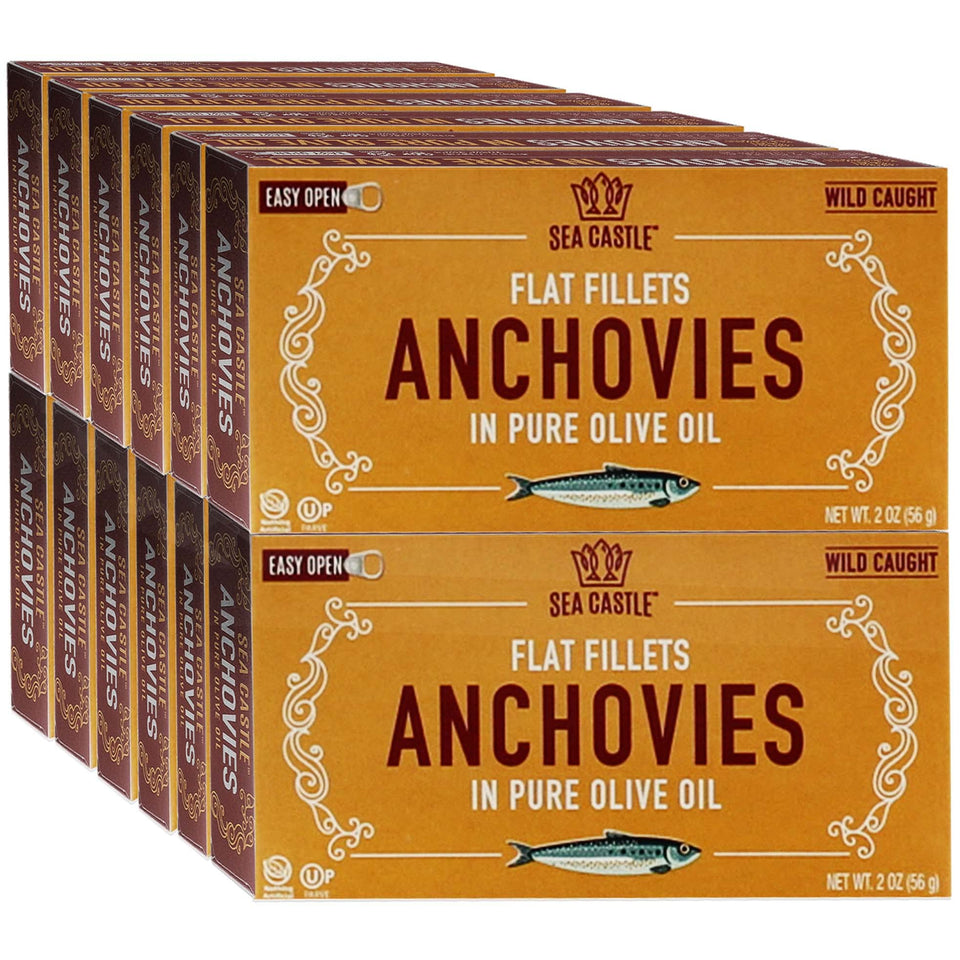 Sea Castle anchovies in olive oil 2oz can, premium Moroccan wild catch for rich flavor.